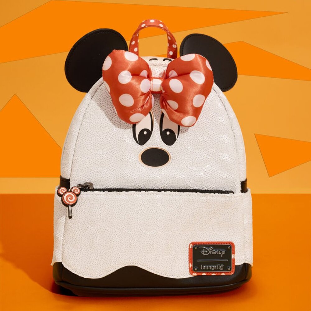 Loungefly Disney Limited Ed Minnie Mouse Ghost Glow in Dark Sequin Mini Backpack